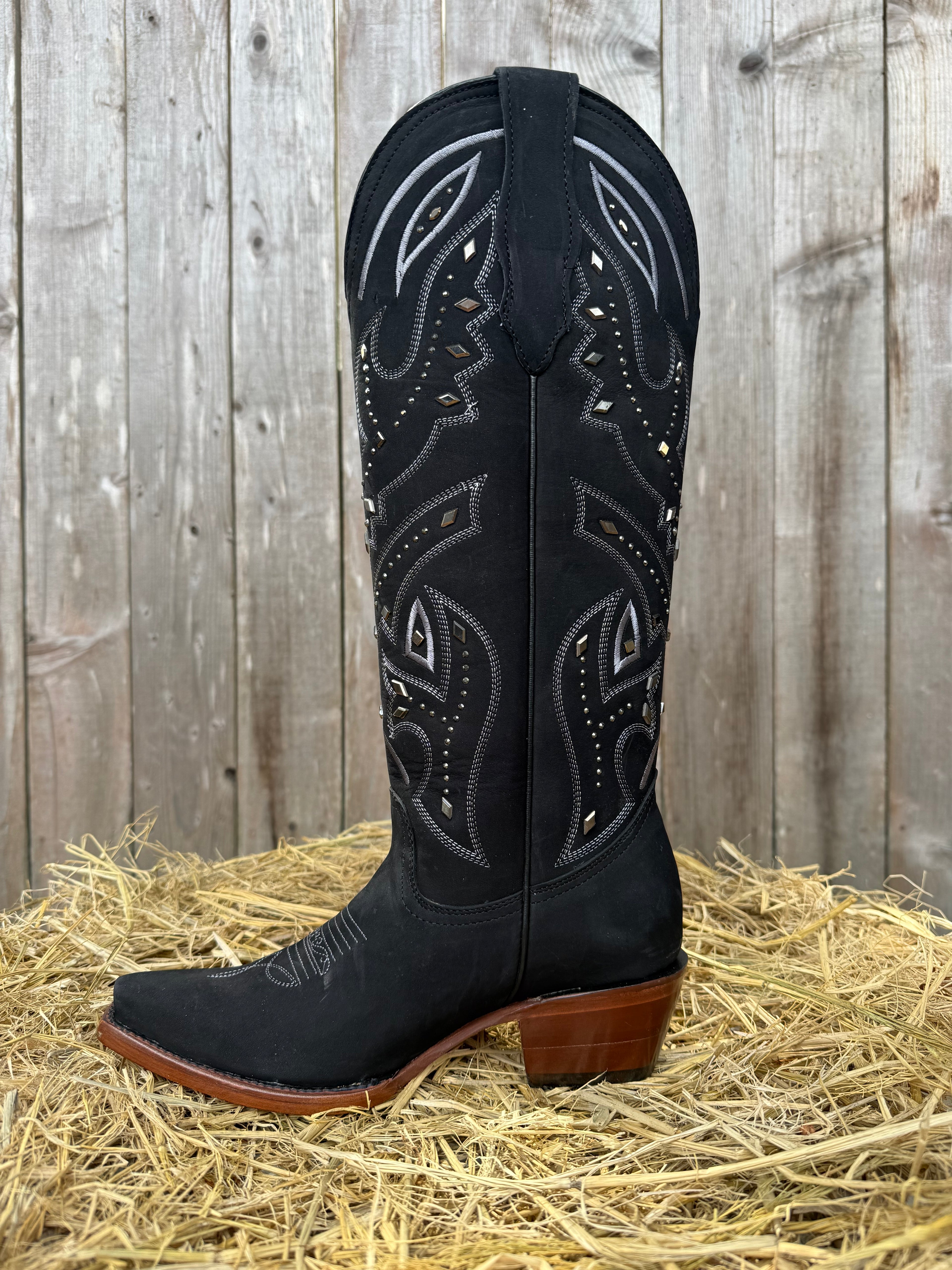 El General Women's Black Square Toe Tall Western Boots